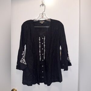 Style & Co. Black Blouse with White Embroidery